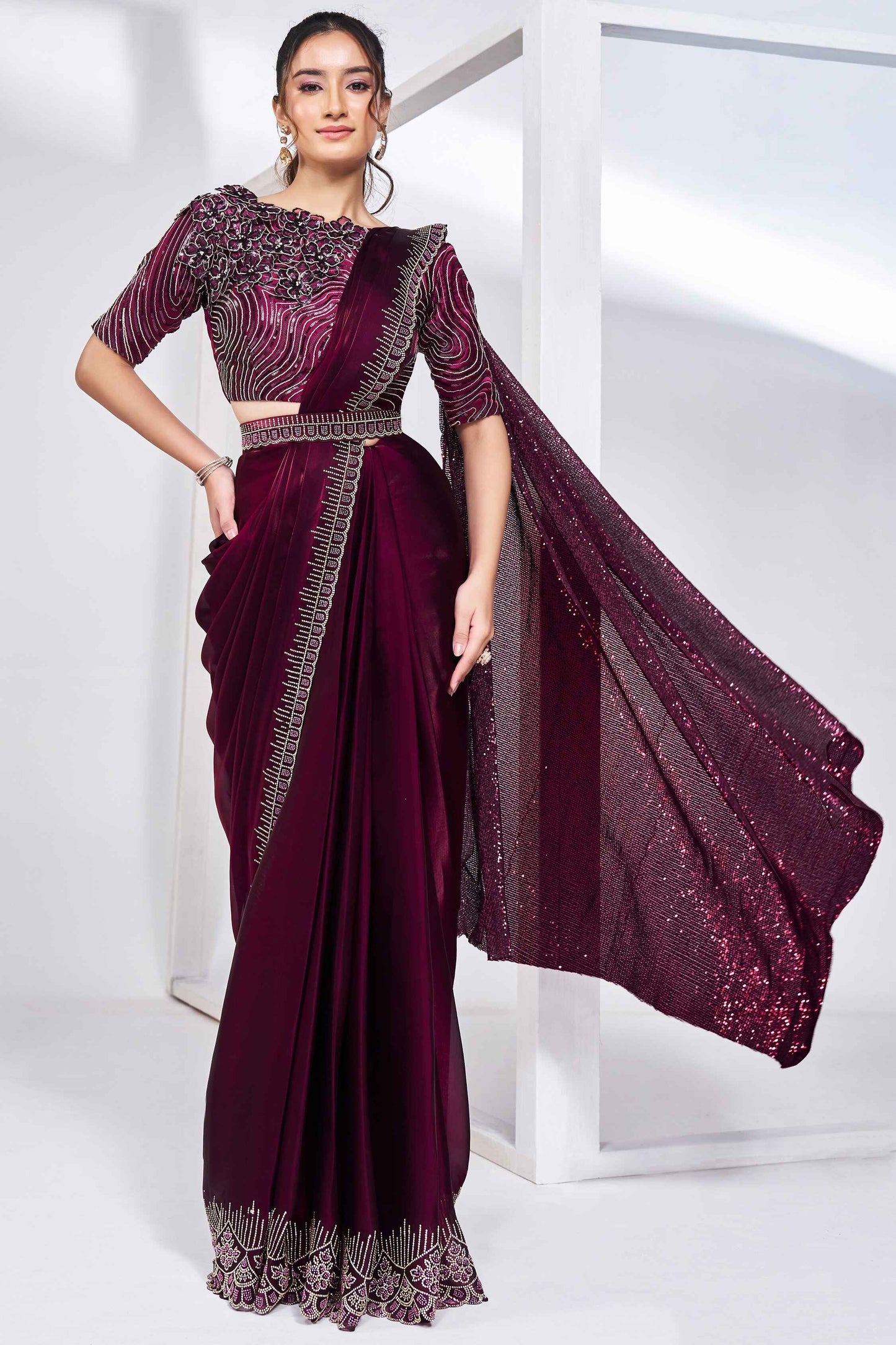 Wine Stylish Ready Made Satin Silk Saree With Belt | Original Saree