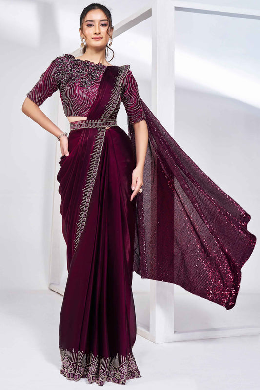 Wine Stylish Ready Made Satin Silk Saree With Belt | Original Saree