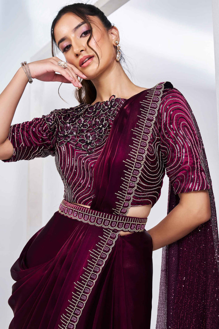 Wine Stylish Ready Made Satin Silk Saree With Belt | Original Saree