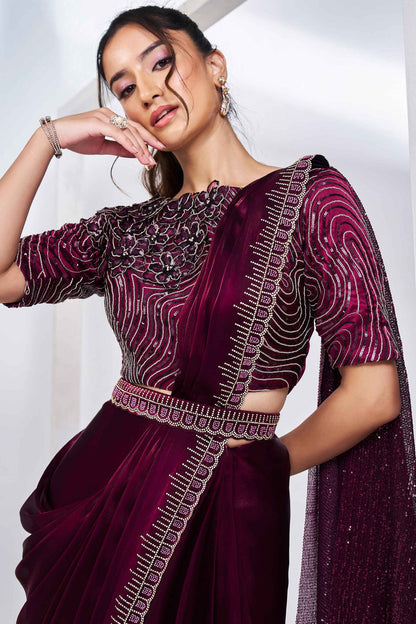 Wine Stylish Ready Made Satin Silk Saree With Belt | Original Saree