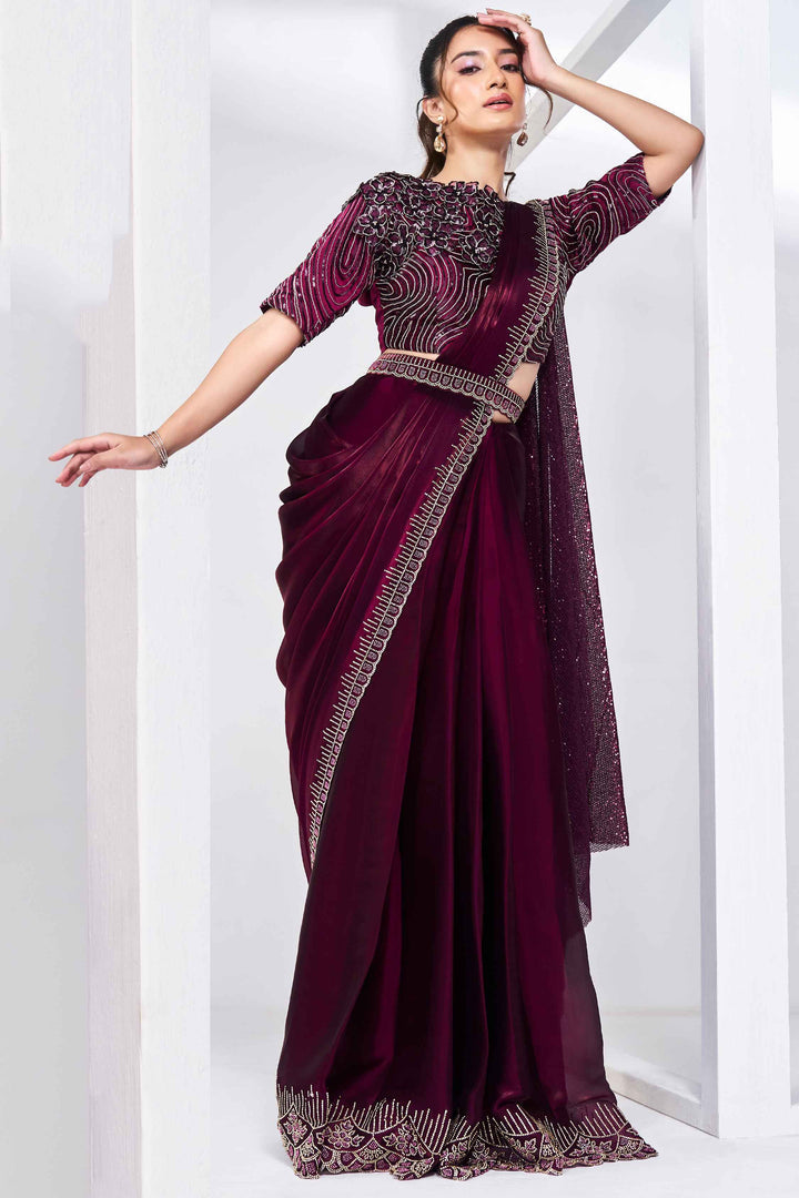 Wine Stylish Ready Made Satin Silk Saree With Belt | Original Saree