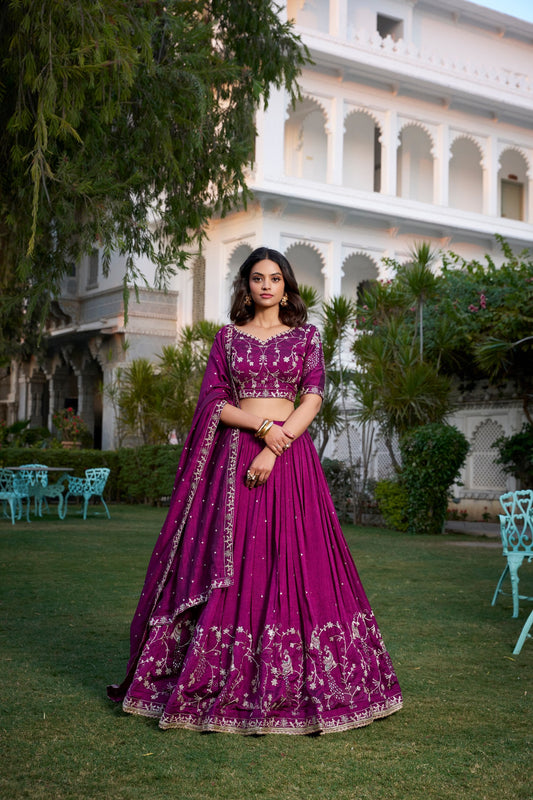 Wine Vichitra Silk Lehenga For Wedding