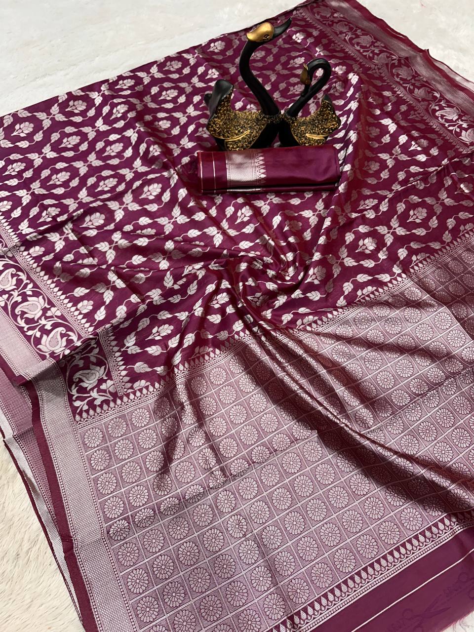 Wine Wedding Wear Lichi Silk Saree
