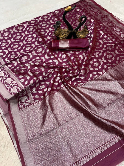 Wine Wedding Wear Lichi Silk Saree