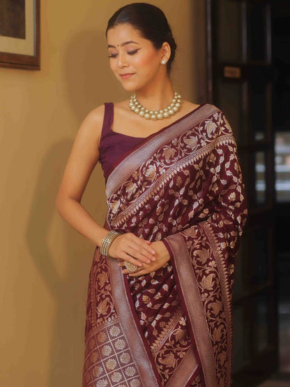 Wine Wedding Wear Lichi Silk Saree
