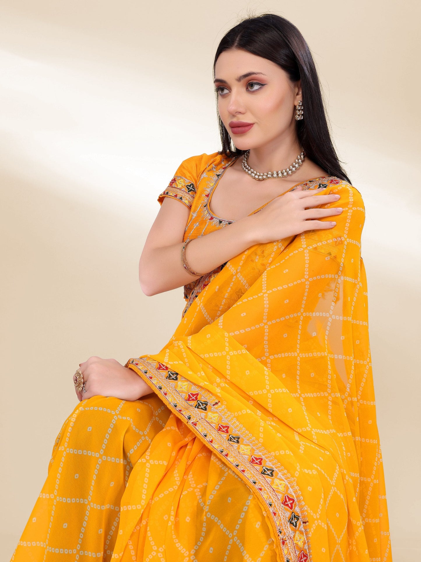 Yellow Bandhej Printed Georgette Saree
