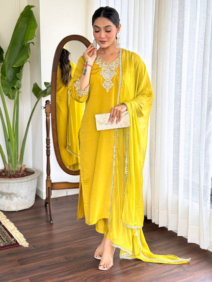 Yellow Chanderi Silk Kurta Set With Dupatta
