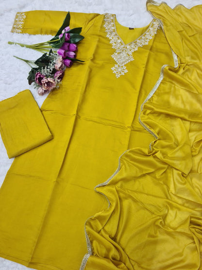 Yellow Chanderi Silk Kurta Set With Dupatta