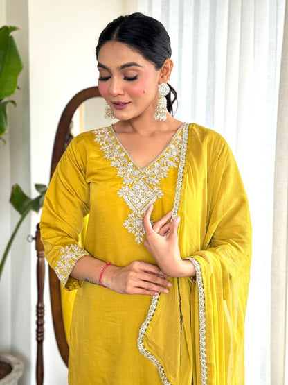 Yellow Chanderi Silk Kurta Set With Dupatta