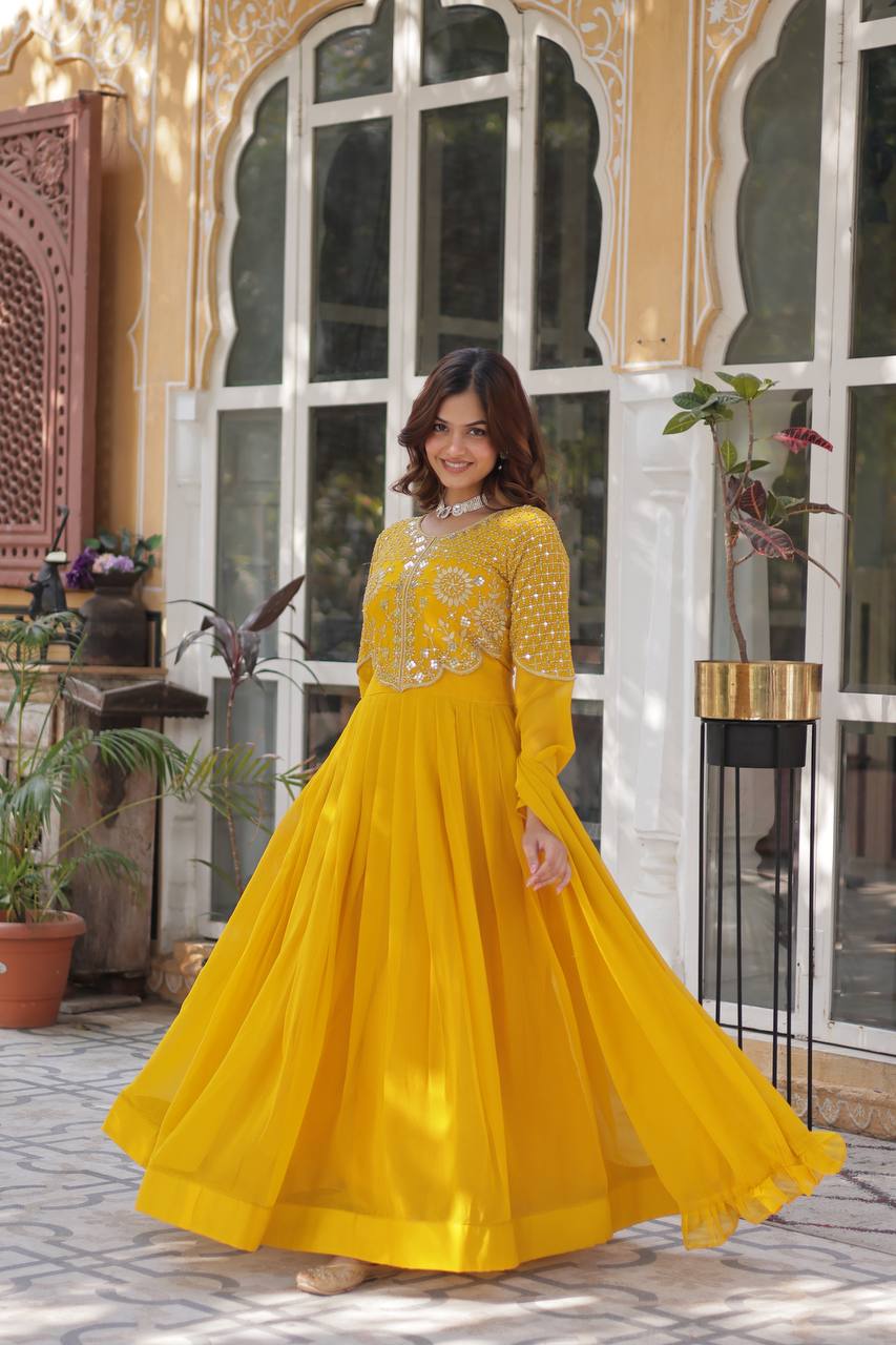 Yellow Designer Georgette Gown With Dupatta