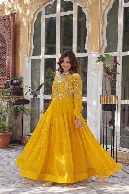 Yellow Designer Georgette Gown With Dupatta