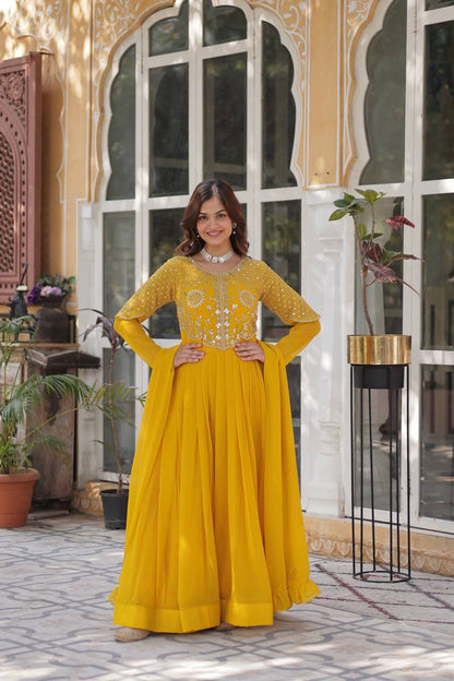 Yellow Designer Georgette Gown With Dupatta