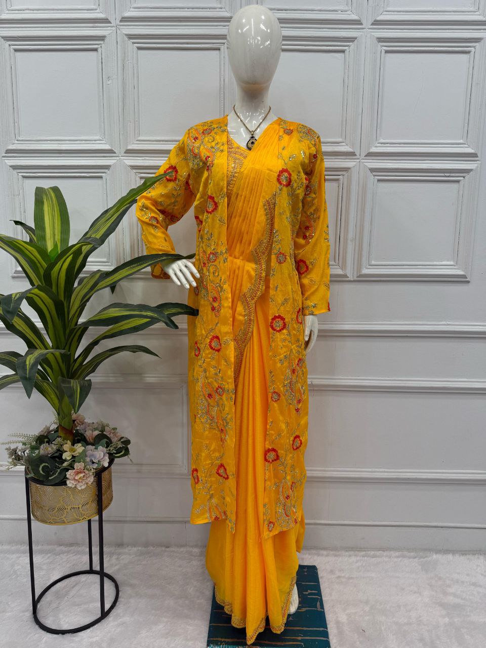 Yellow Designer Ready To Wear Chinon Silk Saree