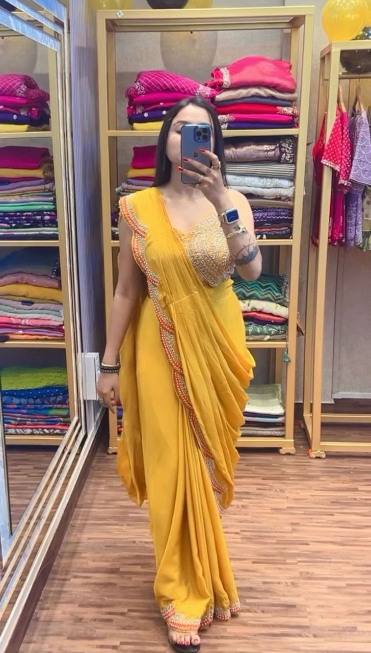 Yellow Designer Ready To Wear Chinon Silk Saree