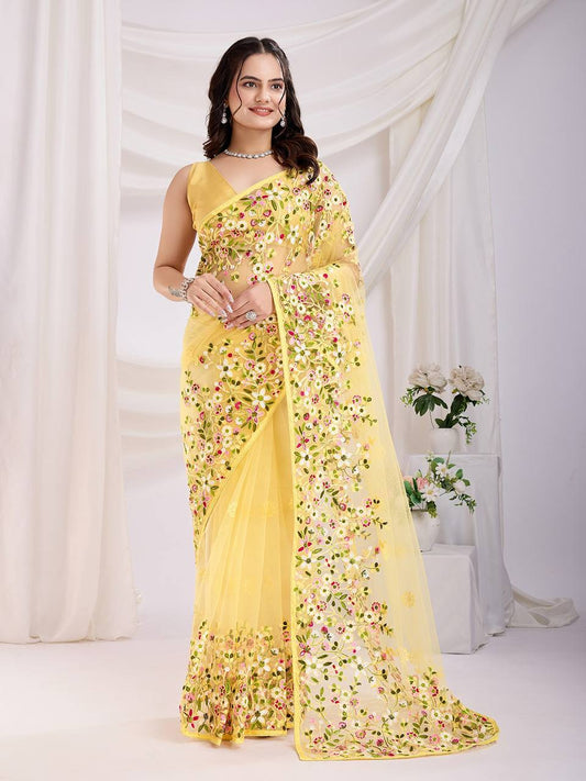Yellow Designer Soft Net Saree