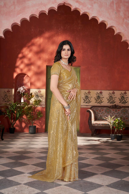 Yellow Designer Twill Net Saree