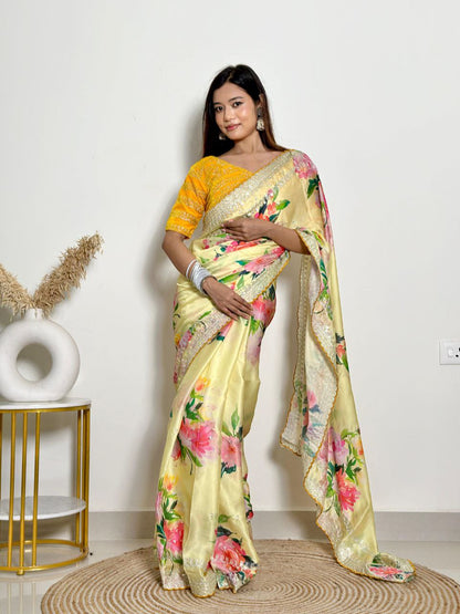 Yellow Floral Georgette Satin Saree