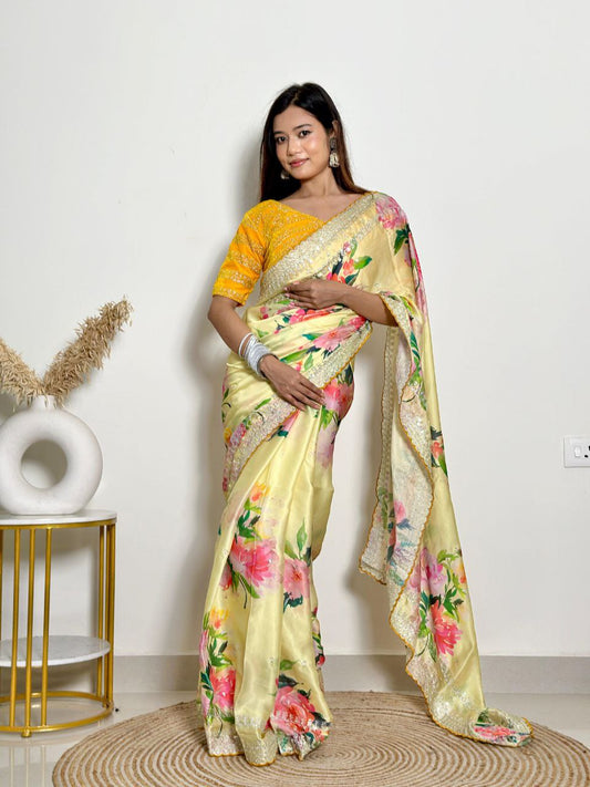 Yellow Floral Georgette Satin Saree