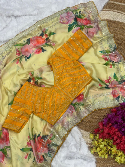 Yellow Floral Georgette Satin Saree