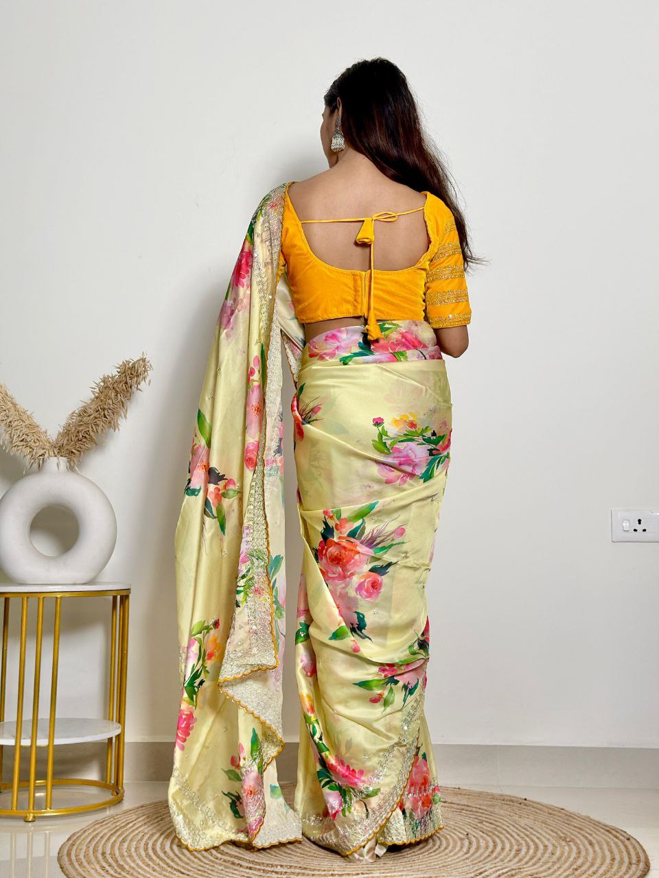 Yellow Floral Georgette Satin Saree
