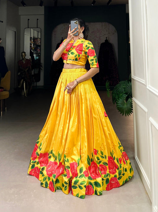 Yellow Floral Printed Tussar Silk Lehenga