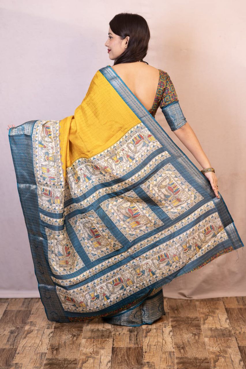 Yellow Madhubani Printed Cotton Crape Chex Saree