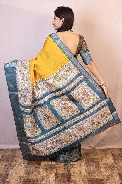 Yellow Madhubani Printed Cotton Crape Chex Saree