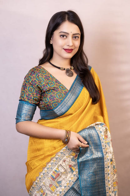 Yellow Madhubani Printed Cotton Crape Chex Saree