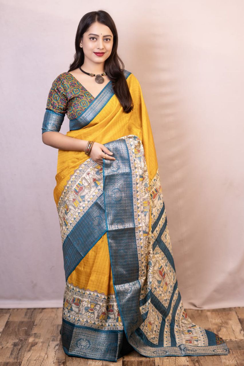 Yellow Madhubani Printed Cotton Crape Chex Saree