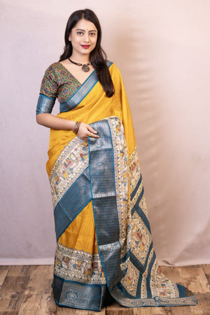 Yellow Madhubani Printed Cotton Crape Chex Saree