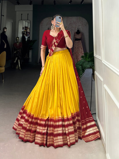 Yellow & Maroon Designer Chanderi Lehenga