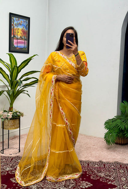 Yellow Party Wear Butterfly Net Saree