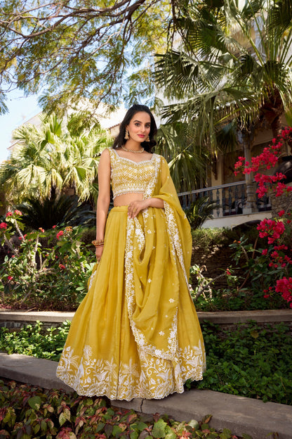 Yellow Party Wear Gold Crush Lehenga