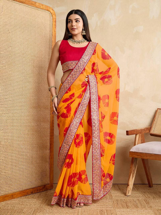 Yellow Party Wear Soft Georgette Bandhej Saree