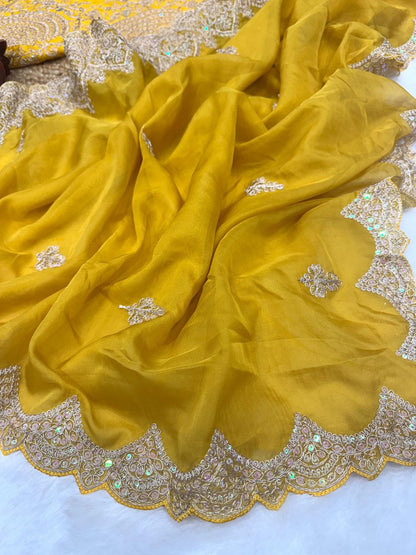 Yellow Party Wear Tabby Silk Saree