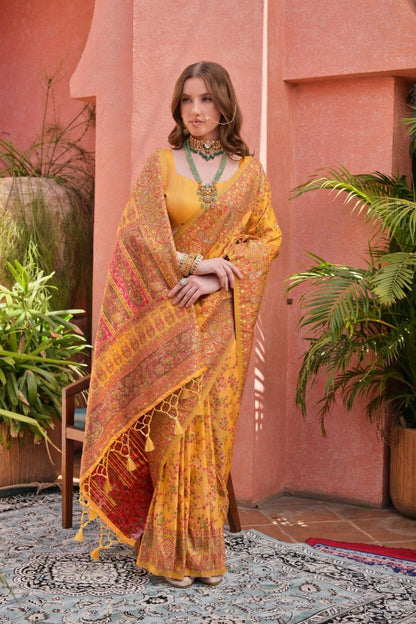 Yellow Pashmina Silk Saree For Wedding