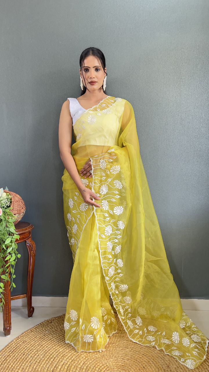 Yellow Ready Made Organza Silk Saree