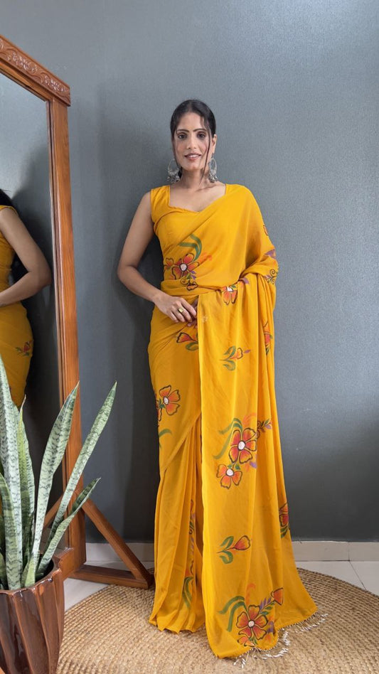 Yellow Ready To Wear Georgette Saree