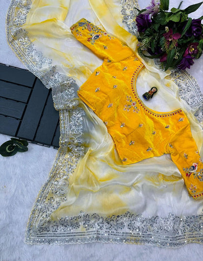 Yellow Shibori Printed Burberry Silk Saree