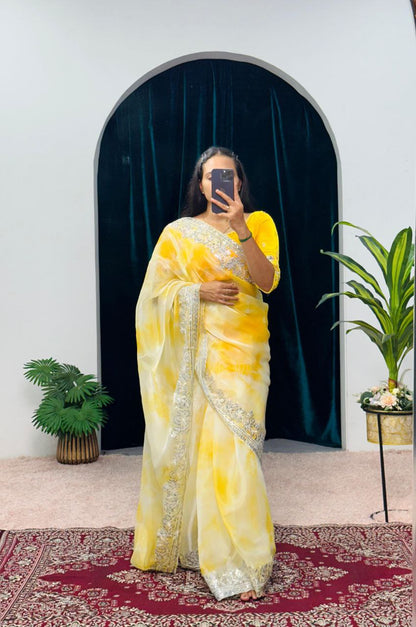 Yellow Shibori Printed Burberry Silk Saree