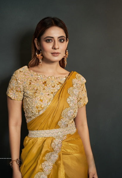 Yellow Stylish Pre-Stitched Saree With Belt | Original Saree