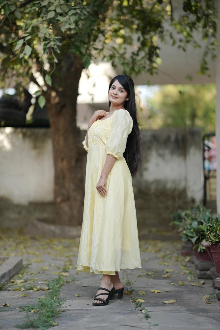 Yellow Summer Wear Chinon Flary Kurti