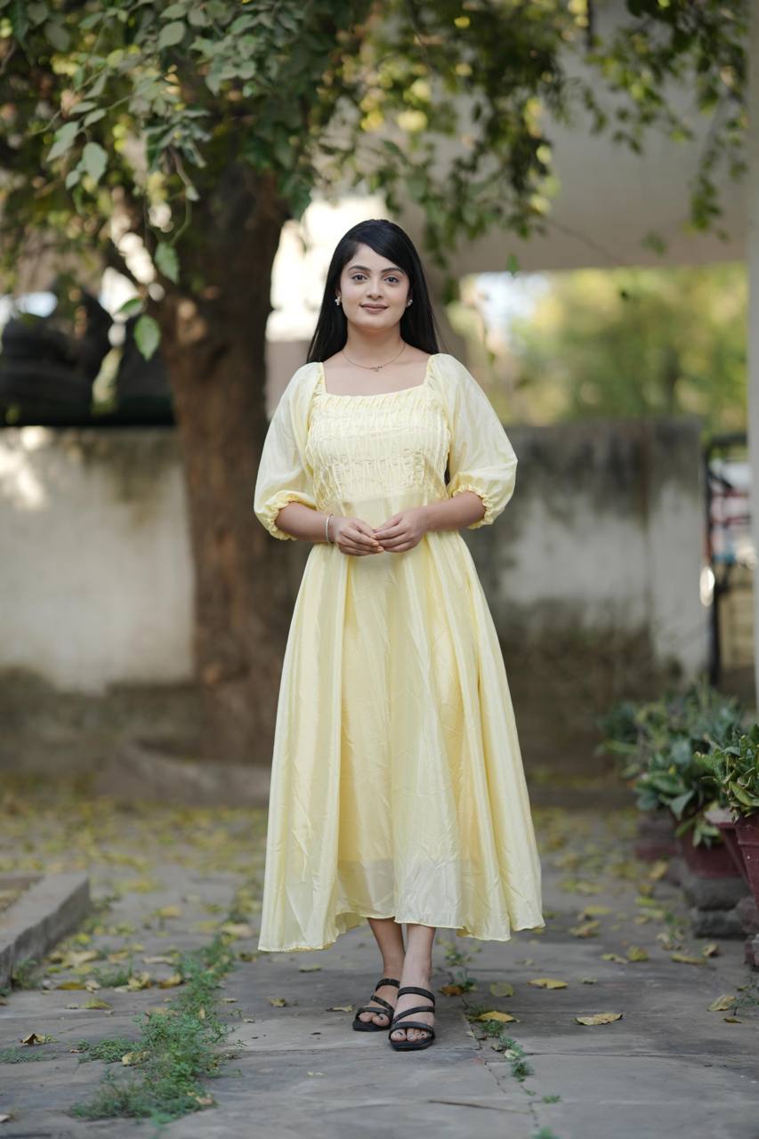 Yellow Summer Wear Chinon Flary Kurti