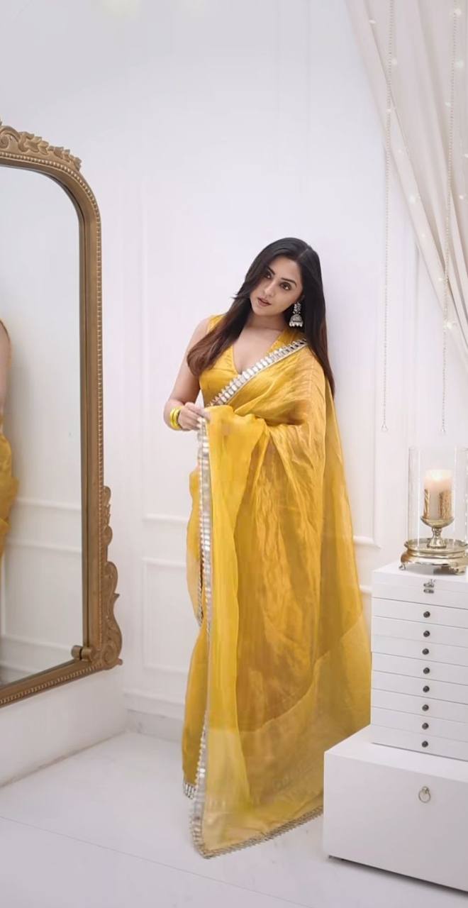 Yellow Two Tone Tissue Net Saree