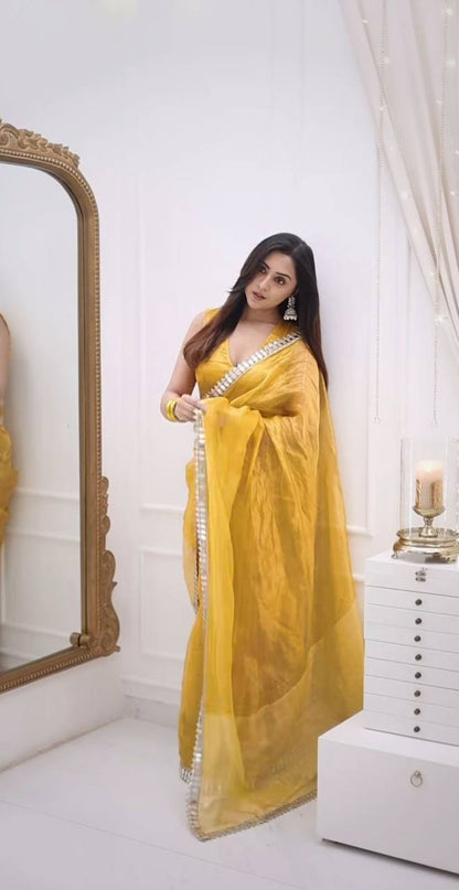Yellow Two Tone Tissue Net Saree