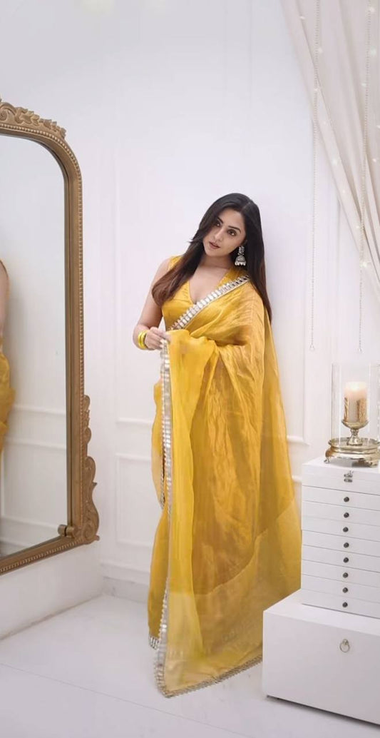 Yellow Two Tone Tissue Net Saree