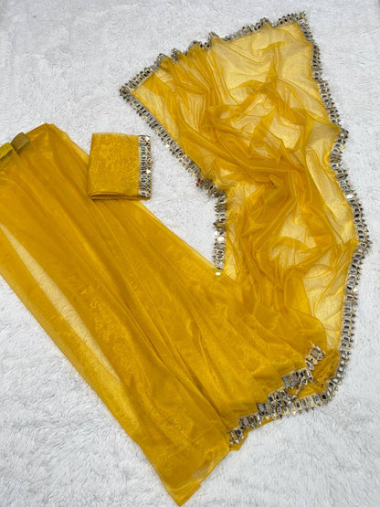 Yellow Two Tone Tissue Net Saree