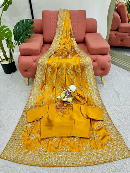 Yellow Wedding Wear Japan Satin Silk Saree