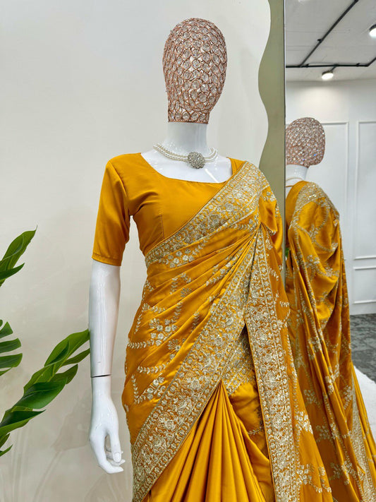 Yellow Wedding Wear Japan Satin Silk Saree
