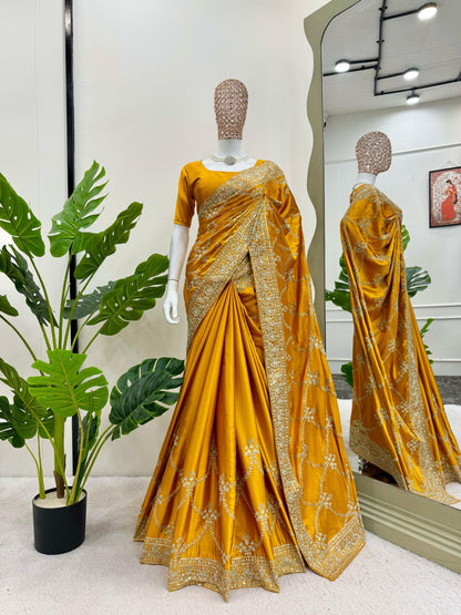 Yellow Wedding Wear Japan Satin Silk Saree